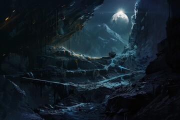 Wall Mural - a nighttime view of a mountainous alien landscape with a large moon