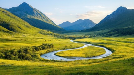 Canvas Print - Serpentine River Winding Through Green Valley.