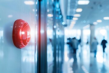 Aufkleber - A bright red fire alarm button lights up on the wall, drawing attention in a bustling public space during an emergency drill. Generative AI