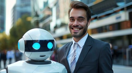 Man and Robot in City