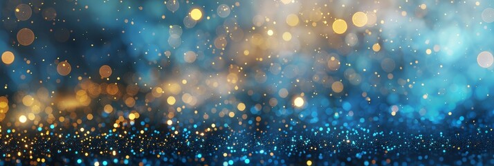 Poster - Sparkling Blue and Gold Bokeh Background - A beautiful abstract background featuring a soft, dreamy blue and gold bokeh. This image symbolizes celebration, joy, magic, hope, and the passage of time.