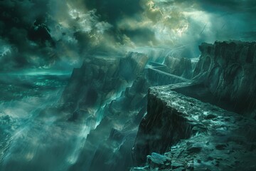 Wall Mural - A Mystical Rock Formation with Stormy Skies Above a Dark Sea