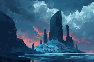 Wall Mural - A Mystical Landscape with Towering Rocks and a Blue Sky