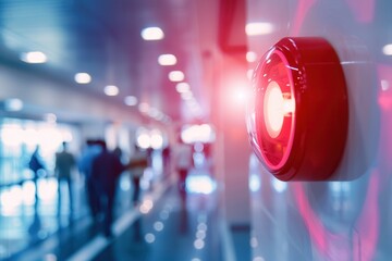 Aufkleber - A bright red fire alarm with an active light and button is mounted on a wall in a bustling public space filled with people. Generative AI
