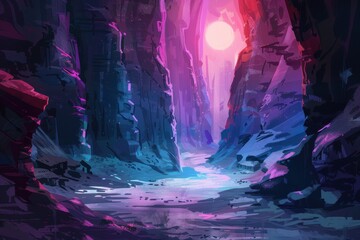Wall Mural - a glowing moon shines on a canyon in a vibrant, abstract landscape