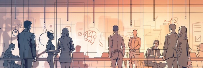 Poster - Teamwork, Collaboration, and Success in a Modern Workplace - A team of professionals gathered in a modern office space, working together, brainstorming, and sharing ideas, symbolizing collaboration, i
