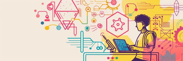 Poster - the future of technology: innovation & ideas - a young person sits at a desk, focused on a laptop, s