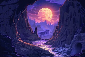 Wall Mural - a river flows through a canyon under a large full moon