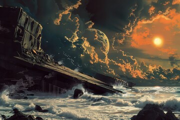 Wall Mural - A Sunken City at Sunset with Crashing Waves and a Distant Moon