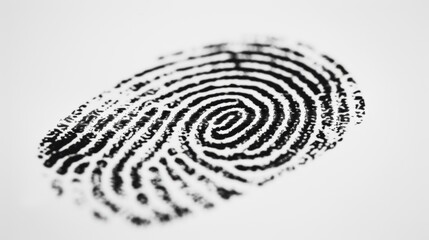 A close-up of a black fingerprint on a white background, emphasizing identity and securit