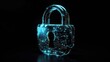 © F - A futuristic glowing blue transparent glass lock on a black background, symbolizing security and advanced technology