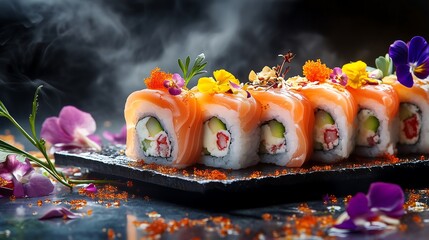 Wall Mural - Exquisite Japanese Sushi Rolls with Intricate Floral Designs and Fresh Ingredients