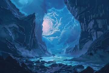 Wall Mural - A Mystical Blue Canyon with a Glowing Sky