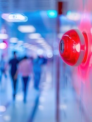 Aufkleber - A bright red fire alarm light and button are mounted on a wall as people walk by in a busy hallway. Generative AI
