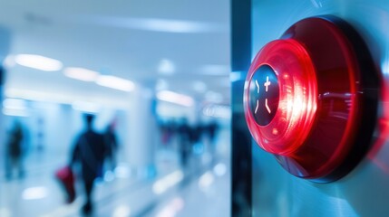 Aufkleber - A bright red fire alarm button lights up, signaling potential danger in a busy corridor filled with people. Generative AI