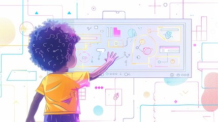 Poster - Young Boy Interacting with Futuristic Technology Interface - A young boy with curly hair is standing in front of a large digital display, interacting with the interface. He reaches out with his hand, 
