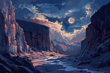 Wall Mural - a serene moonlit canyon landscape with a winding river