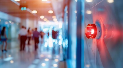 Aufkleber - A bright red fire alarm with a flashing light and button is mounted on a wall in a bustling indoor corridor filled with people. Generative AI