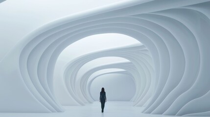 Poster - Futuristic architectural tunnel with sweeping curved walls and ceilings enveloping the visitor in a mesmerizing display of geometric symmetry and flowing lines  The minimalist