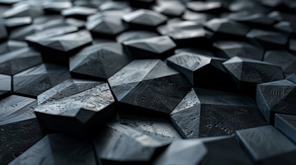 Poster - Abstract Black Geometric Wooden Texture Background - A close-up shot of an abstract pattern made of dark wood, creating a textured background. The image symbolizes geometric design, natural materials,
