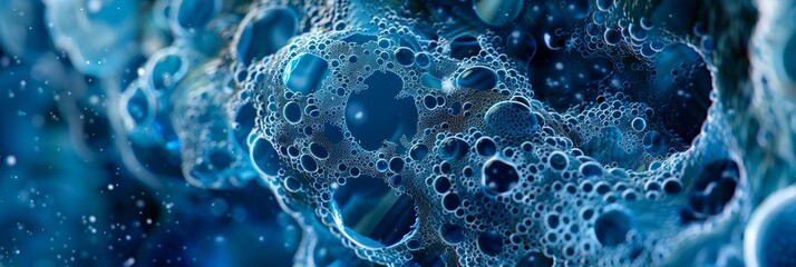 Poster - Abstract Blue Bubbles and Foamy Texture - A close-up abstract image of blue bubbles and foam, symbolizing the concepts of fragility, interconnectedness, fluid dynamics, and the beauty of nature's micr