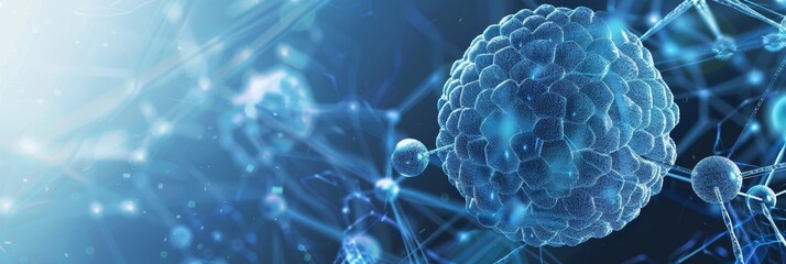 Poster - Abstract Blue Molecular Structure Background - A 3D rendering of a blue molecule, with a focus on a central sphere connected by lines to other spheres, symbolizing scientific discovery, innovation, re