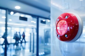 Aufkleber - A bright red fire alarm button is mounted on the wall, glowing to alert individuals in a bustling indoor space. Generative AI