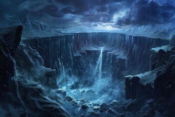 Wall Mural - frozen waterfall in a dark, snowy landscape