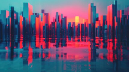 Poster - Futuristic and dynamic cityscape with vibrant reflections showcasing an augmented digital art exhibition with surreal dimensions and colorful geometric patterns