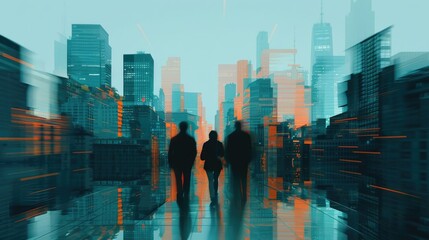 Poster - A blurred and dynamic urban cityscape with responsive and interactive elements showcasing a futuristic and modern metropolitan environment filled with skyscrapers glass buildings