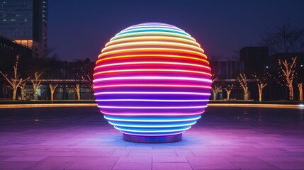 Poster - Illuminated Geometric Sphere Sculpture with Dynamic Rainbow Gradient Lighting and Interactive Features Set Against a Modernist Urban Backdrop at Night