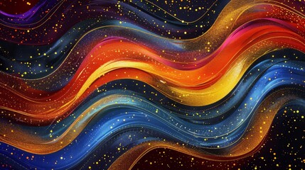 Poster - Abstract Colorful Waves with Golden Glitter - A captivating abstract background featuring vibrant, flowing waves in blue, red, and yellow hues, set against a dark background sprinkled with golden glit