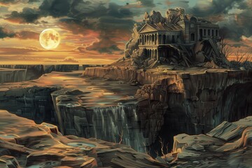 Wall Mural - ruined building on a cliff with a full moon in the sky