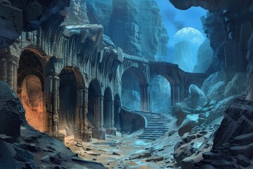 Wall Mural - an ancient stone bridge leading to a mysterious cave entrance under a glowing blue moon.