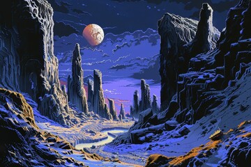 Wall Mural - a canyon under a red moon with a river running through it