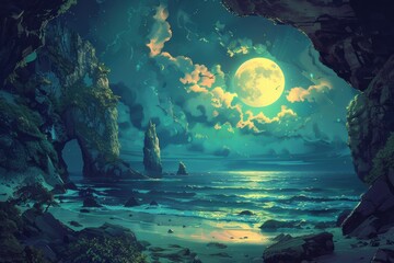 Wall Mural - Moonlight Illuminating a Rocky Coastline