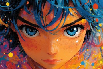 animestyle portrait of a young boy with vibrant hair expressive eyes detailed shading colorful background with abstract patterns