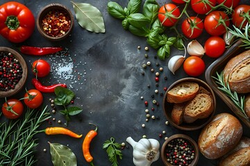 Wall Mural - Fresh Mediterranean Ingredients for Culinary Design Tomatoes, Basil, Bread, and Spices for Print or Poster