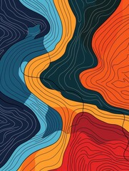 Poster - Abstract Topographic Map in Vibrant Colors - A visually striking abstract illustration featuring a topographic map design with bold, contrasting colors of blue, orange, and red, symbolizing a journey,