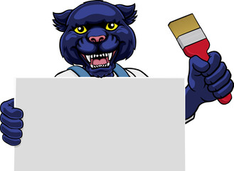 Canvas Print - A panther painter decorator handyman cartoon construction man mascot character holding a paint brush tool