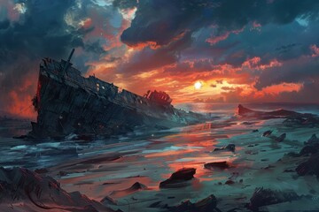 Wall Mural - A Shipwrecked Vessel on a Beach at Sunset