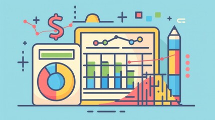 Poster - Business Growth and Financial Analysis Illustrated with Charts, Graphs and Icons - The image depicts business growth and financial analysis with icons symbolizing data, charts, graphs, progress, and f