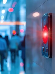 Wall Mural - A bright red fire alarm is mounted on the wall, indicating an emergency in a busy urban building hallway filled with people. Generative AI