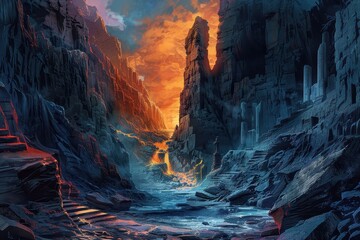 Wall Mural - A Lava Flow Through a Canyon of Jagged, Blue Rocks