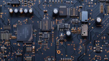 Poster - Closeup of a Circuit Board with Electronic Components - A detailed view of a circuit board, showcasing its intricate design, microchips, capacitors, and connectors, symbolizing technology, innovation,