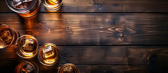 Wall Mural - Top-down view of a delicious whiskey arrangement displayed on a wooden surface, with a provision for text in the image