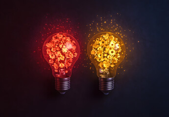 Two Light Bulbs: One with Gears and the Other in Full Color