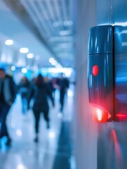Aufkleber - A bright red fire alarm is illuminated on the wall while people walk by, highlighting safety in a bustling public building. Generative AI