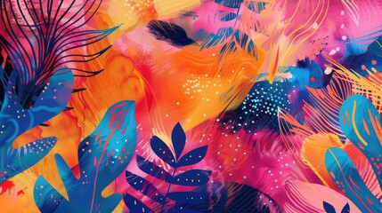 Sticker - Vibrant tropical plants, wildlife and stars, with cosmic blues and fiery oranges