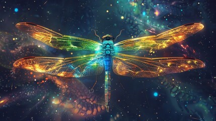 Poster - Cosmic Dragonfly: A Symbol of Transformation and Wonder - This mesmerizing image depicts a dragonfly with iridescent wings, suspended in a cosmic landscape. The image symbolizes transformation, wonder